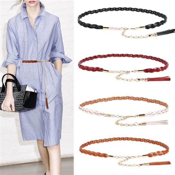 Women Ladies Fashion Metal Waist Belt Chain Skinny PU Leather Braided Rope